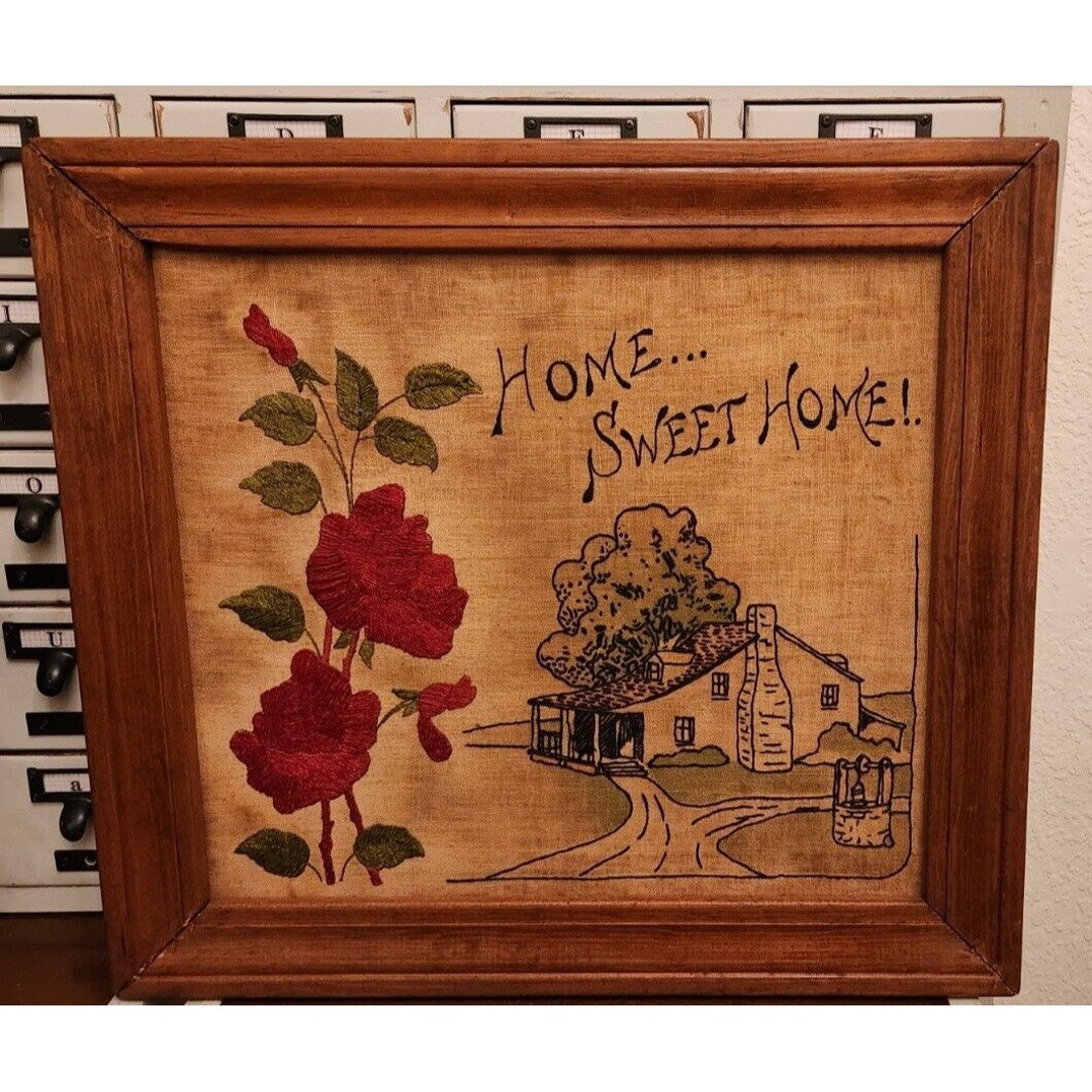 Antique Vintage "home Sweet Home" Finished Needlepoint Framed Primitive ...