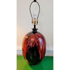 Vintage MCM Mid Century Modern Red Black Drip Glaze Ceramic Table Lamp Free Ship