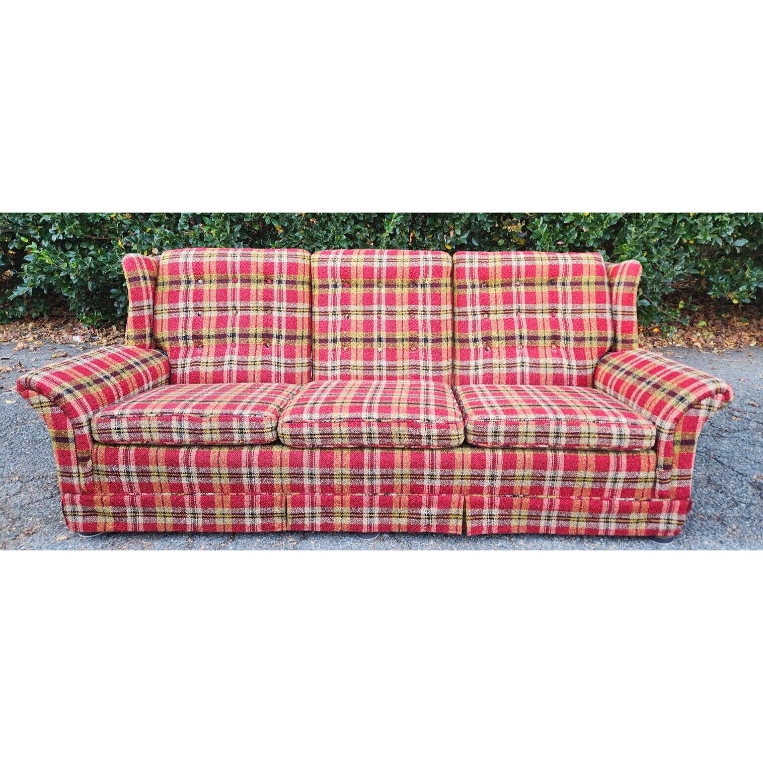 Vintage Wool Plaid MCM Retro Sofa Couch Prop Wingback Buyer Pays Shipping 