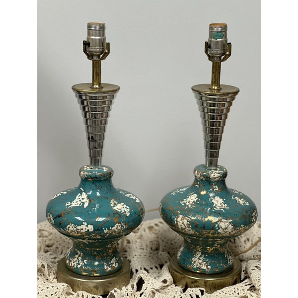 Vintage Pair Mid Century Modern Atomic Lamps Teal, Blue, Gold, White, Silver & Gold accents