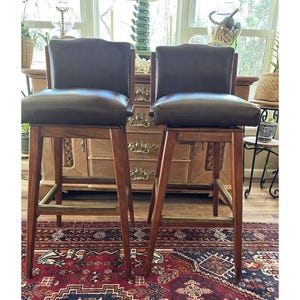Pair Vintage Mid Century Modern Swivel Stools Brown Walnut Buyer Pays Shipping image 1