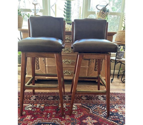 Pair Vintage Mid Century Modern Swivel Stools Brown Walnut Buyer Pays Shipping