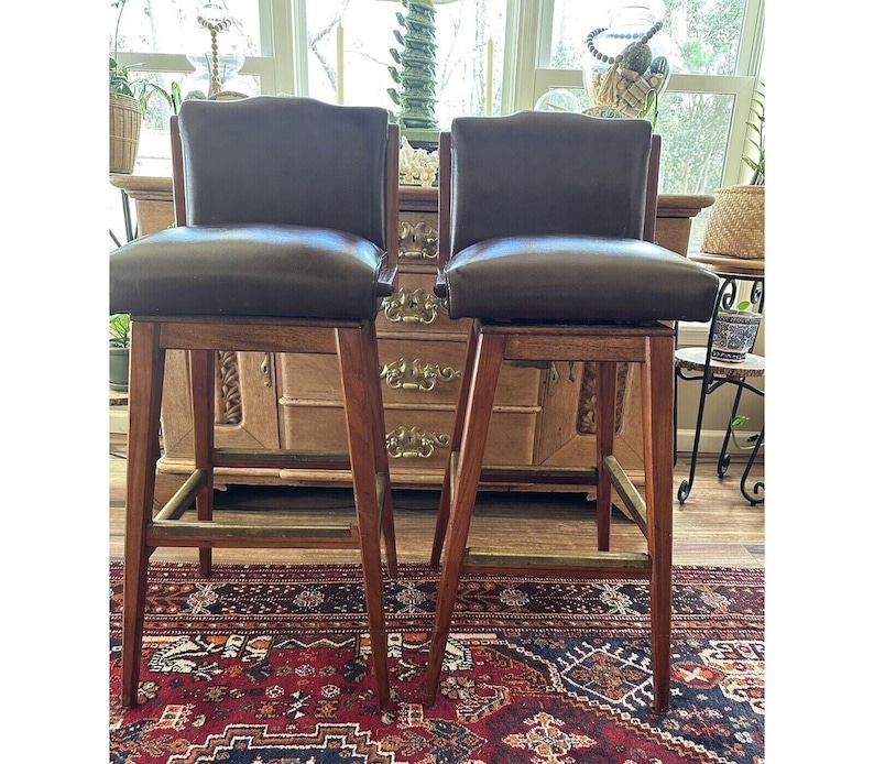 Pair Vintage Mid Century Modern Swivel Stools Brown Walnut Buyer Pays Shipping image 1