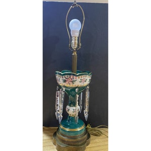 Antique painted Porcelain lamp green gold gilt crystal prisms French Or Italian