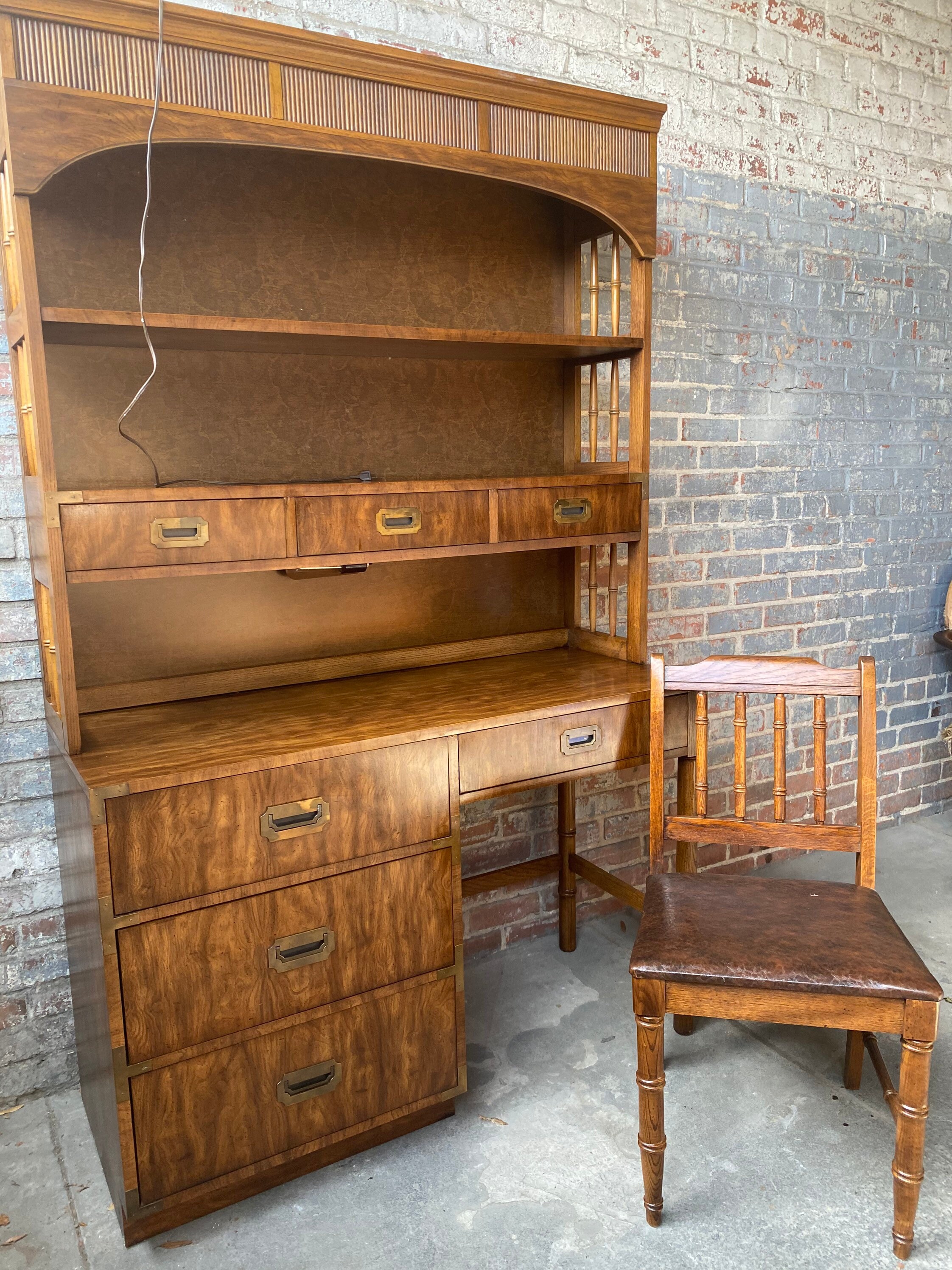 Vintage Dixie Furniture MCM Campaign Desk Hutch Chair Faux Etsy