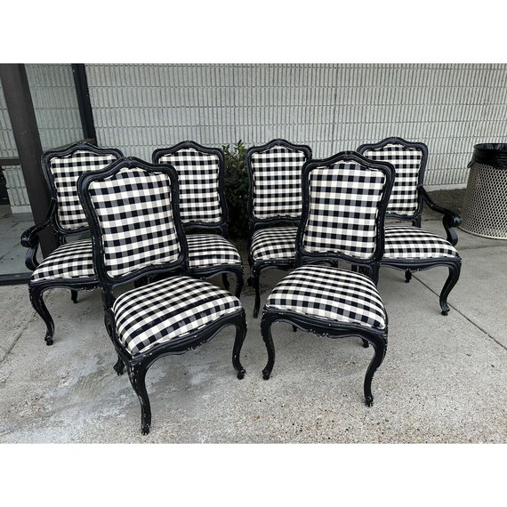Set 6 French Country Upholstered Dining Chairs Black White Checkered Buyer Pays Shipping Etsy