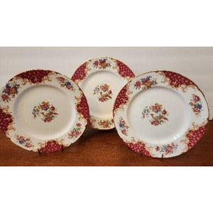 3 Paragon Rockingham Red Salad Luncheon Plates Bird Chinioserie Floral