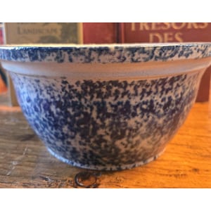 May include: A ceramic mixing bowl with a speckled blue and white pattern. The bowl has a wide rim and a rounded shape. The background includes books.