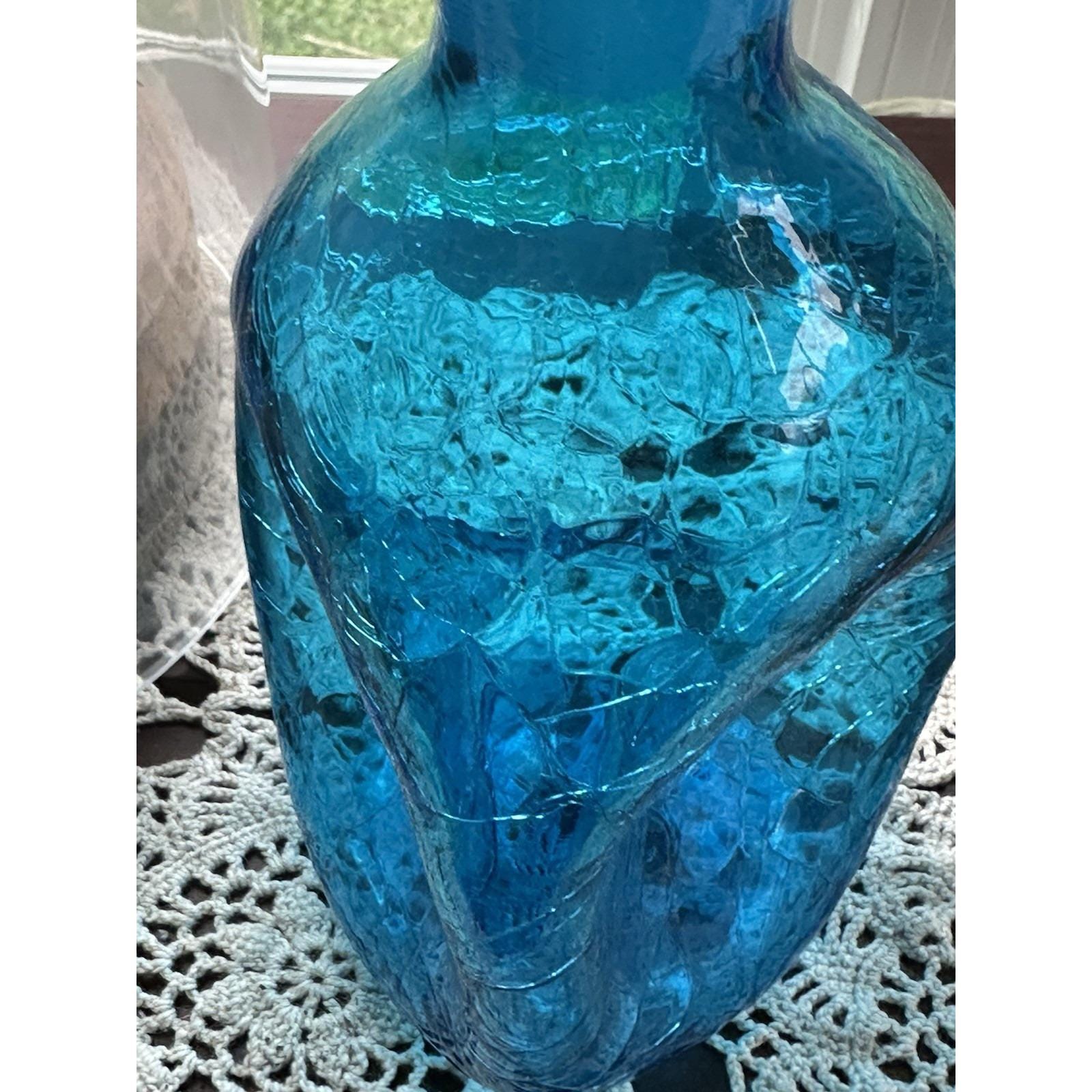 Vintage BLENKO #49 Pinch Decanter Ocean Blue CRACKLE GLASS