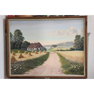 Antique Oil Painting On Canvas Countryside Landscape Dutch House Signed Framed