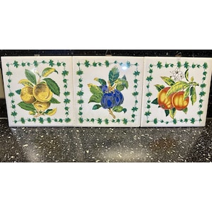 Set Of 3 Vintage Fruit Ceramic Tiles Wall Hangings Decorations 6&#39;&#39;x6&#39;&#39; Cork Back