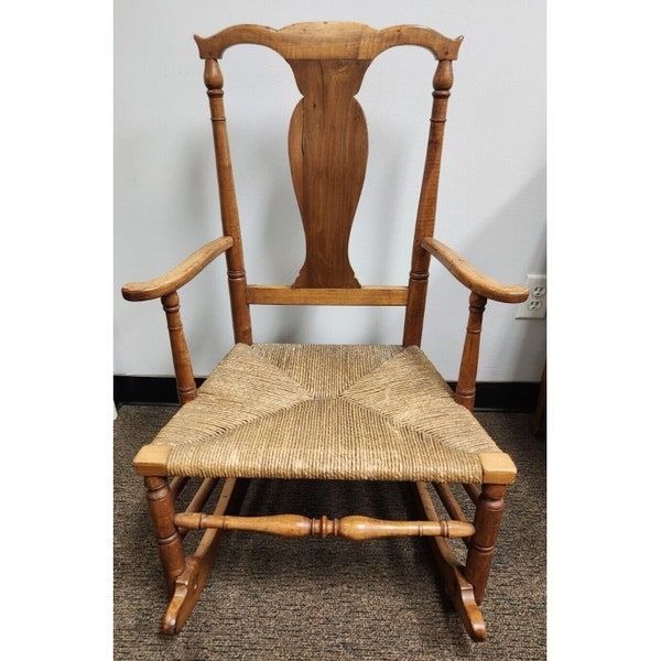 Antique Vintage Wood Wooden Pegged Maple Farmhouse Rocking Chair Rush Seat