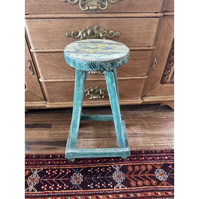 Vintage Wooden Stool or Plant Stand Blue Green Chippy Paint BOHO ...