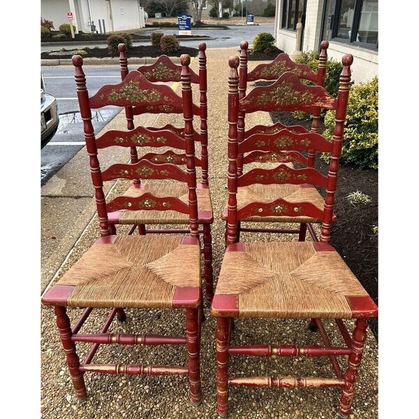 Set 4 Antique French Country Rush Seat Ladderback Chairs Painted Red Buyer Ships