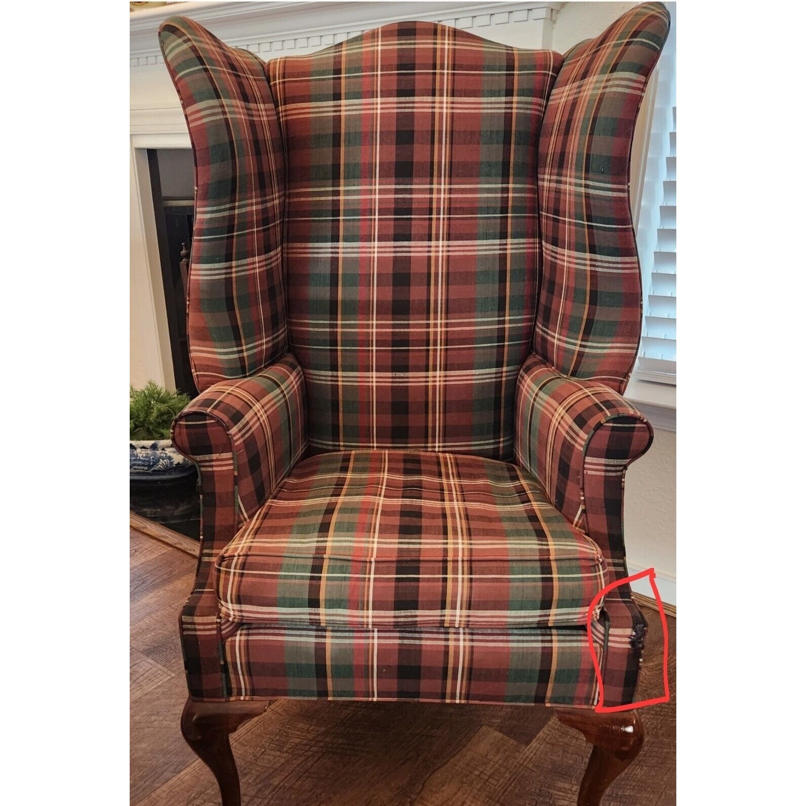 Red plaid wingback chair discount