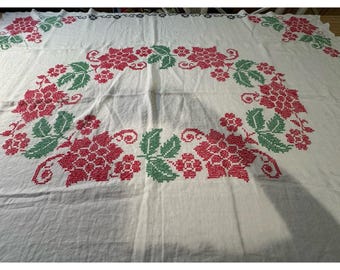 Poinsettia Hand-Embroidered Christmas Tablecloth 63x46”