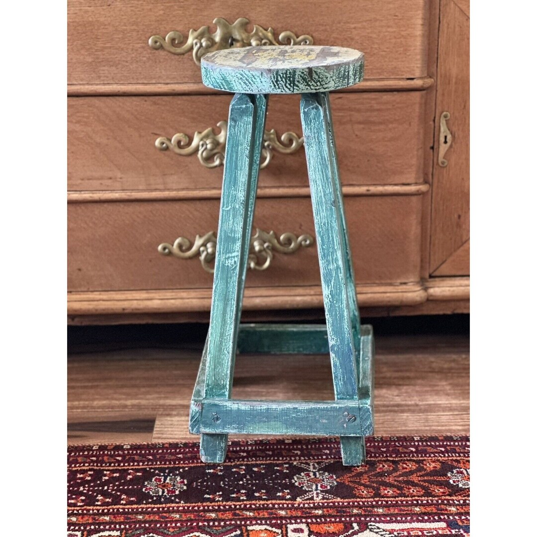 Vintage Wooden Stool or Plant Stand Blue Green Chippy Paint BOHO ...