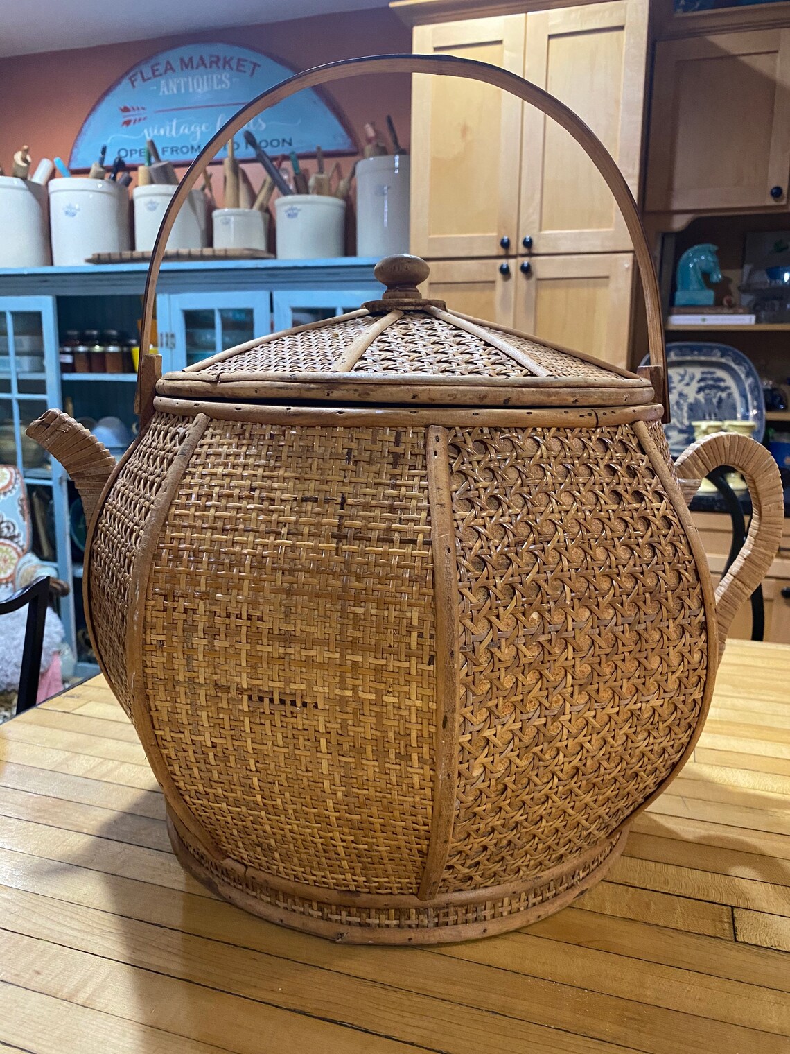 Vintage Bamboo Woven Rattan Tea Pot Lidded Basket Unique Asian Etsy