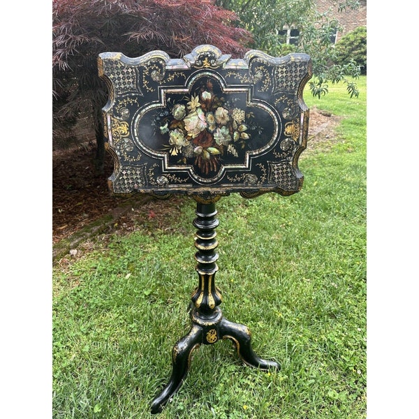 Antique English Ebonized And Mother-Of-Pearl Music Stand Art Podium