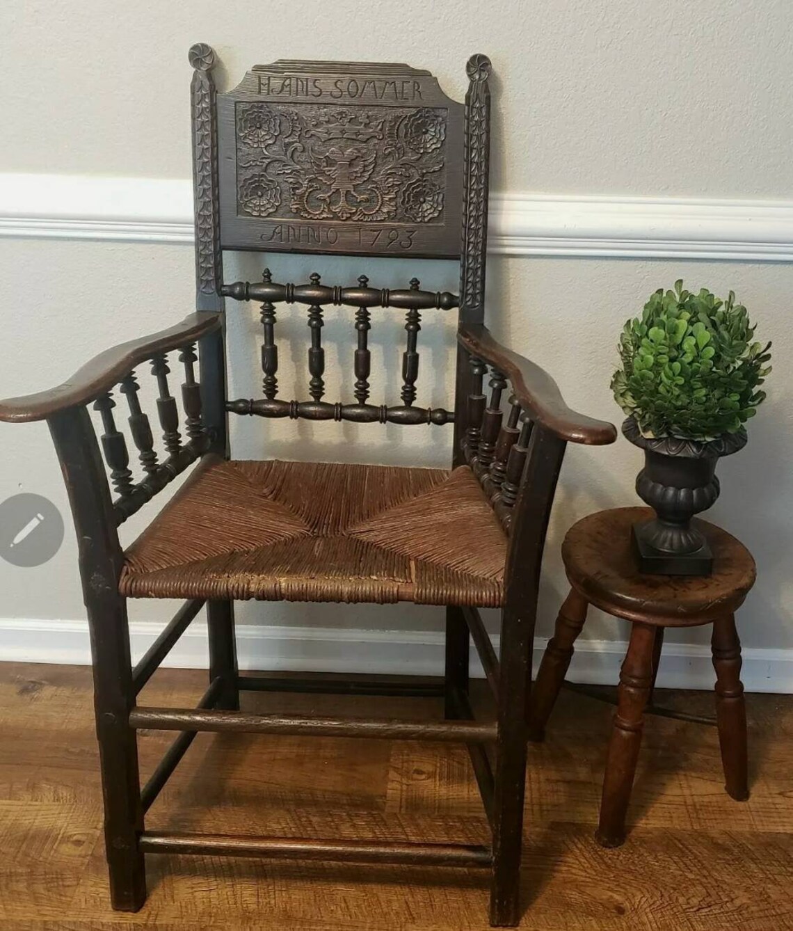 Antique German Vierlander Chair Carved gothic Turned Wood Rush Etsy