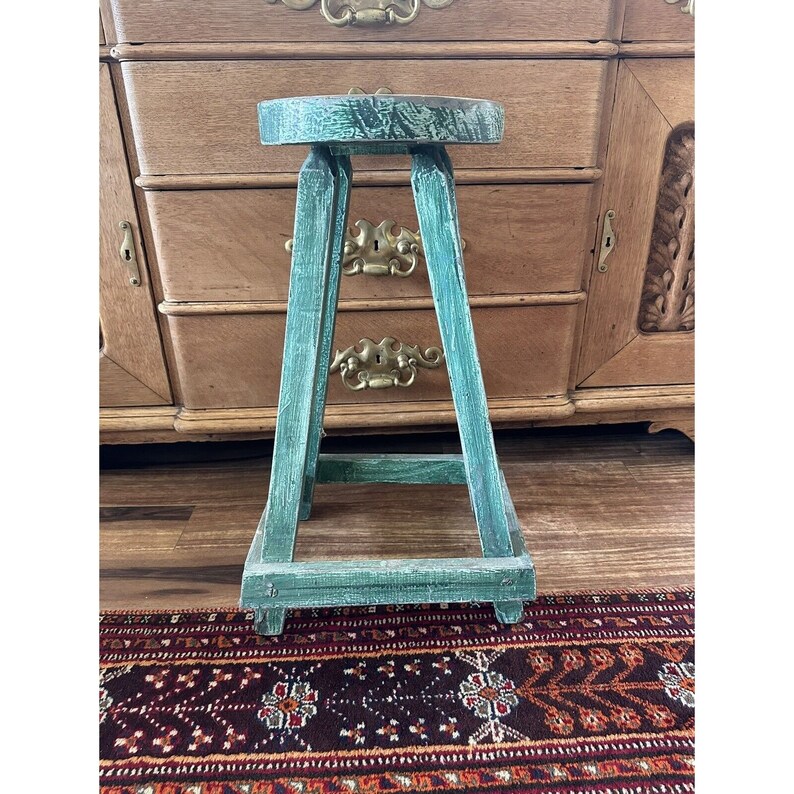 Vintage Wooden Stool or Plant Stand Blue Green Chippy Paint BOHO ...