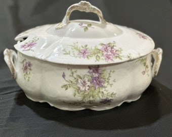 Antique Limoges France Covered Vegetable Dish Tureen Purple Flowers Gold Trim