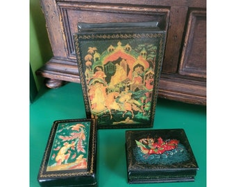 3 Signed Vintage Miniature Russian Lacquer Hand Painted Wood Trinket Boxes  Free Shipping
