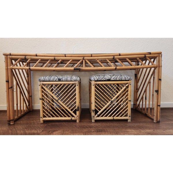 Vintage Natural Bamboo Rattan Console Table Stools Fretwork Chinoiserie CAN SHIP
