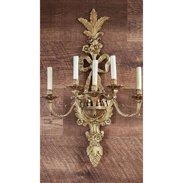 Large Vintage Spanish Or French Gold Brass  5-light Electric Wall Sconce