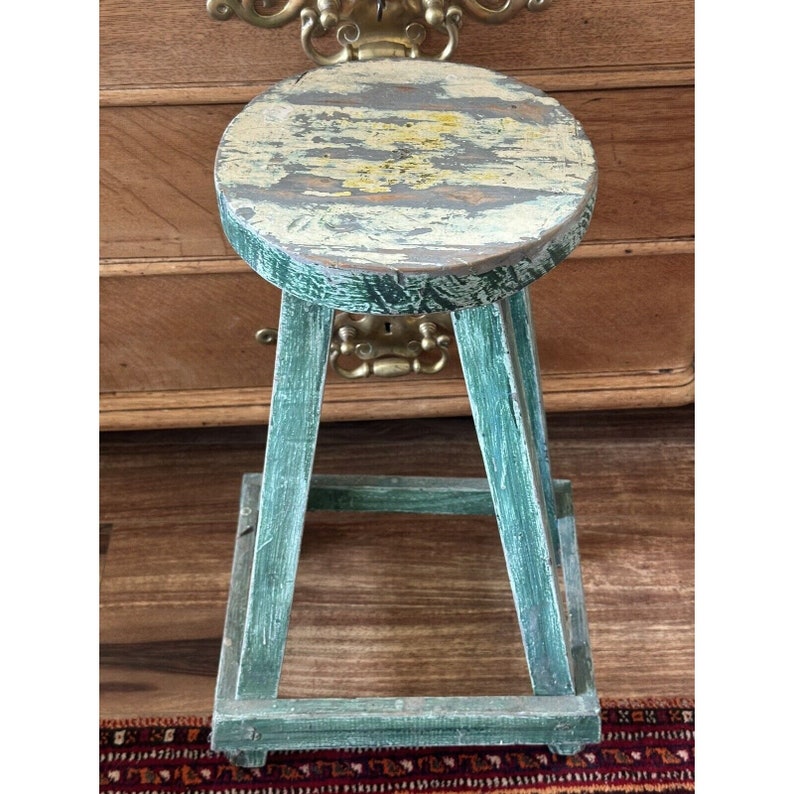 Vintage Wooden Stool or Plant Stand Blue Green Chippy Paint BOHO ...