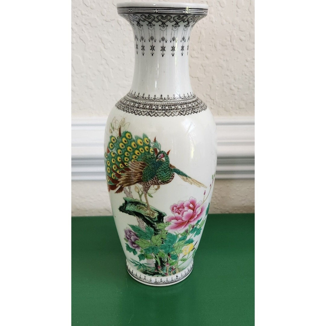 Vintage Chinese Vase Porcelain Peacock Bird Floral Chinoiserie Etsy