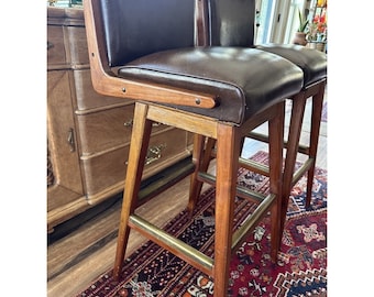 Pair Vintage Mid Century Modern Swivel Stools Brown Walnut Buyer Pays Shipping