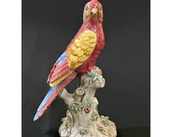Vintage Majolica Porcelain PARROT Bird Perched on Stump with Flowers Figurine 6”