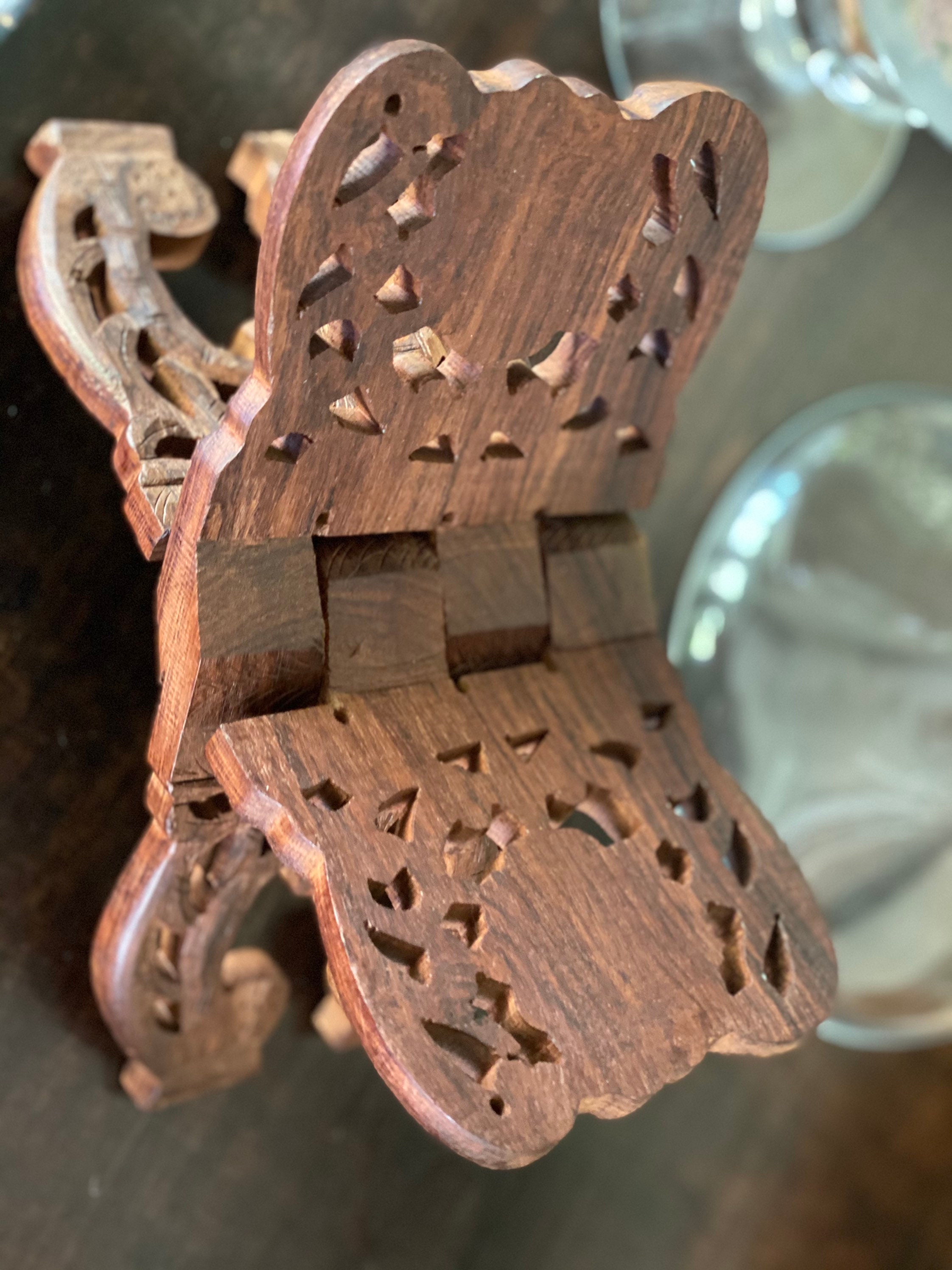 Hand Carved Wooden Folding Book Stand Holder Intricate Etsy