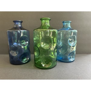 Vintage Set Empoli Style Blown GLASS Decanters INDENTED Thumbprint Vase MCM