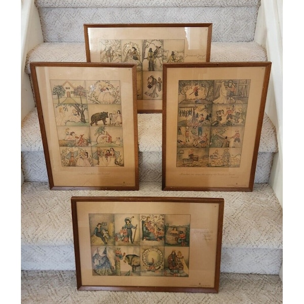 Antique German Fairy Tales Framed Wall Art Grouping Set Nursery Farmhouse Decor