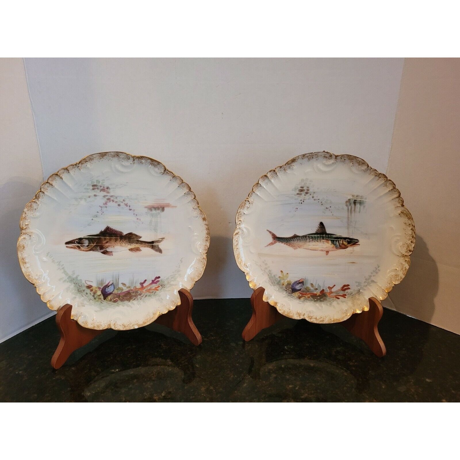 Antique Fish Plates Hand Painted Scalloped Gold Trim France Etsy