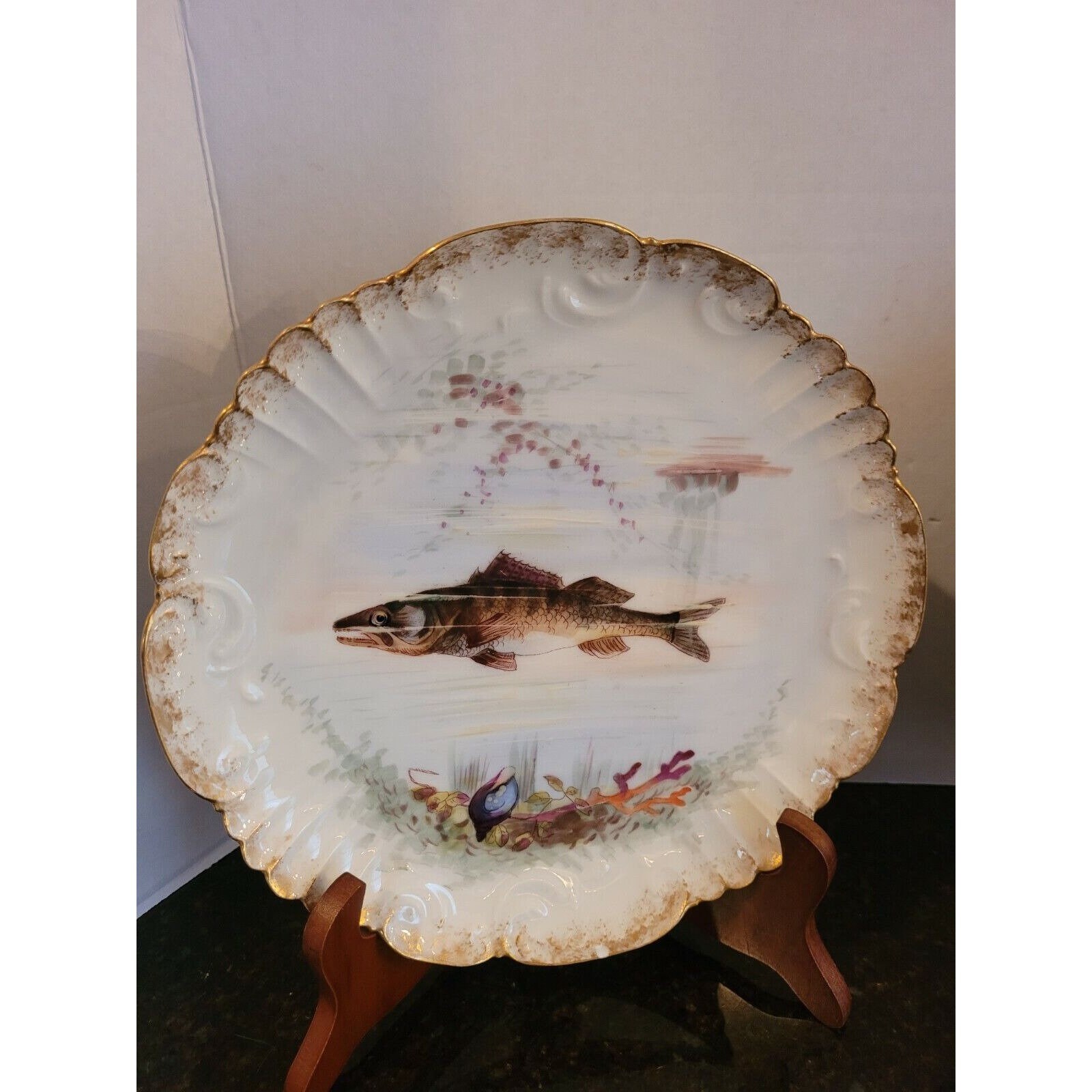 Antique Fish Plates Hand Painted Scalloped Gold Trim France Etsy