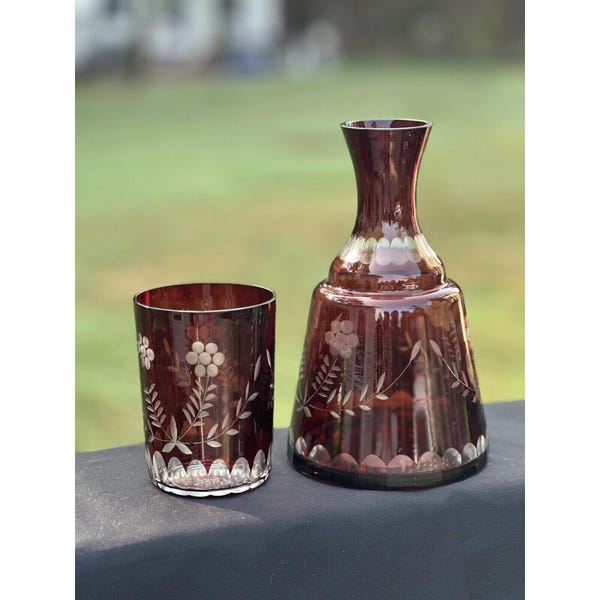 Bohemian Czech Cranberry Red and Clear Cut Crystal Bedside Water Carafe and Tumbler