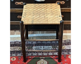Vintage Post and Rung Stool Woven Hickory Bark Rush Seat Foot Stool
