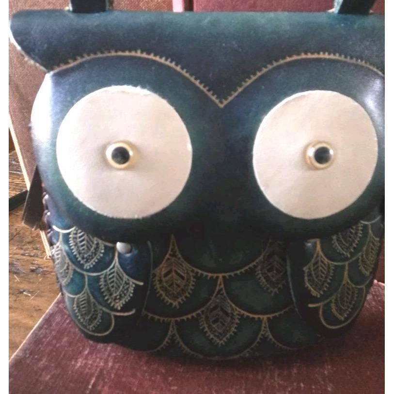 Hand Made Green Embossed Genuine Leather Owl Bird Cross Body Purse Shoulder Handbag