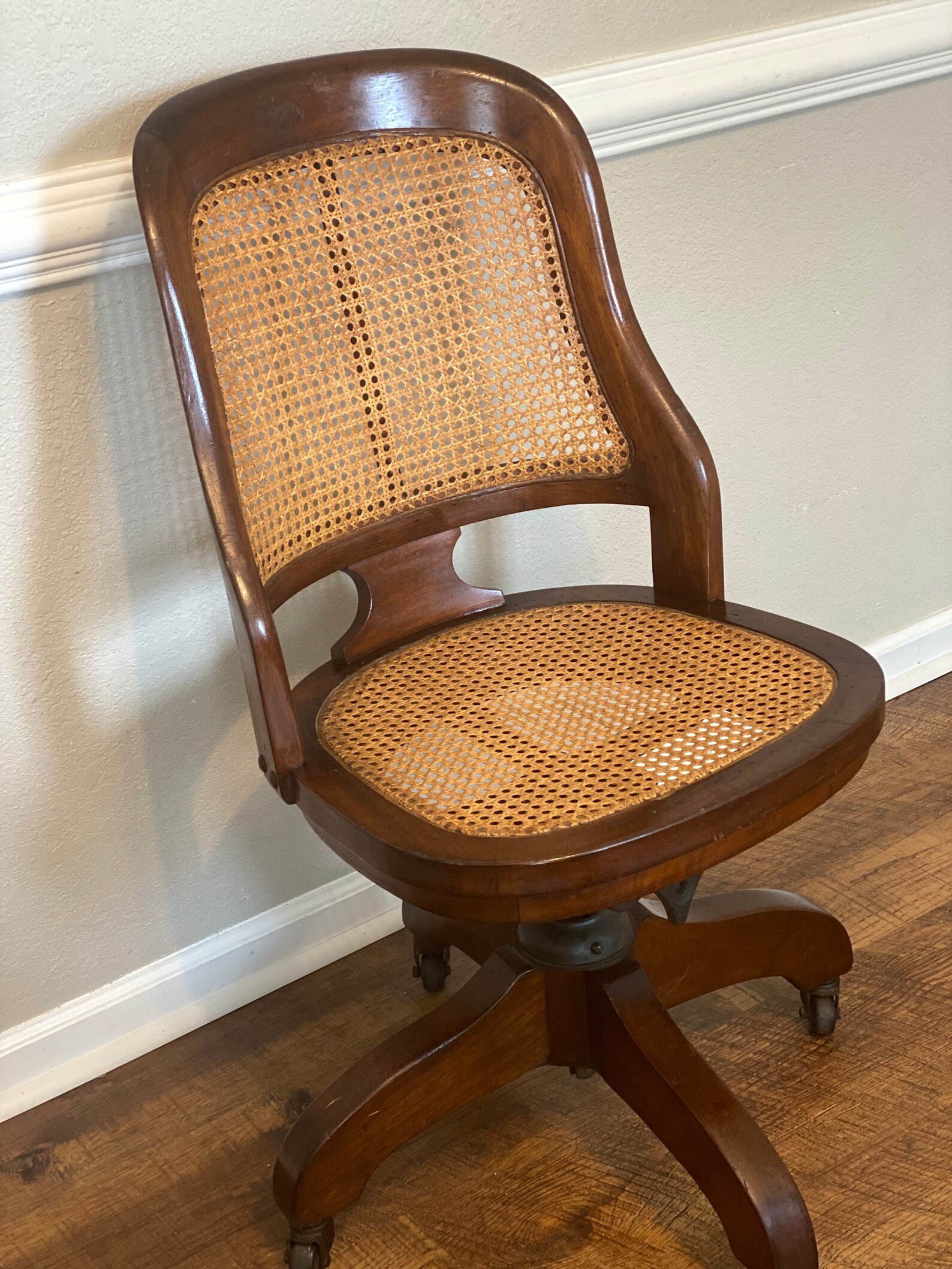 Antique chair cane wood banker lawyer desk office rolling | Etsy