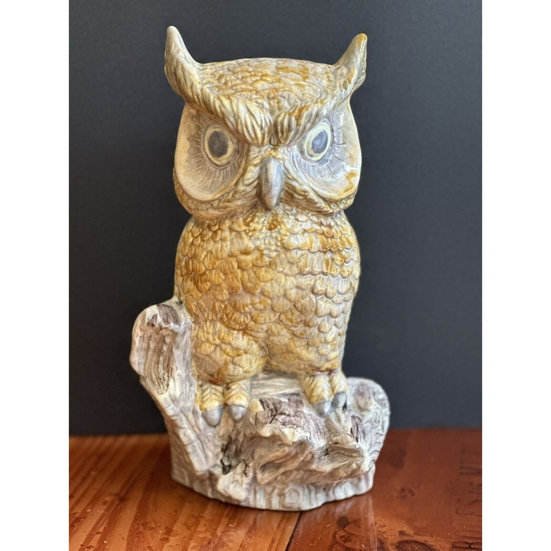 Mcm/retro Ceramic Owl on Log Hand Painted Vintage 70s Kitsch 10.5” X 6 ...