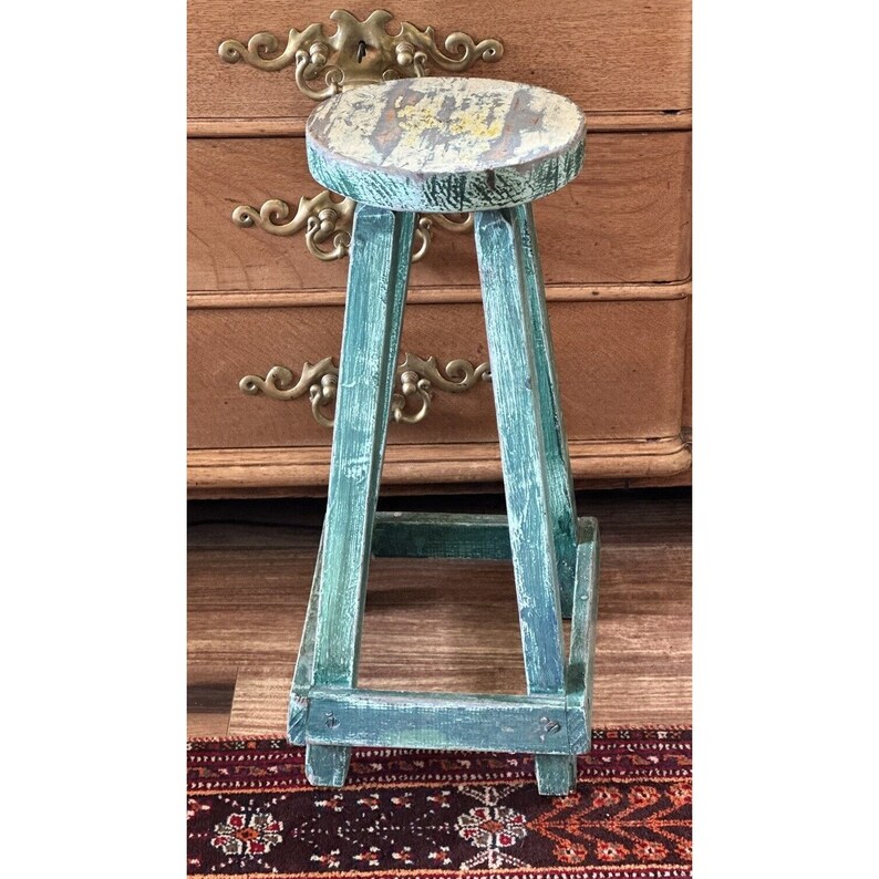 Vintage Wooden Stool or Plant Stand Blue Green Chippy Paint BOHO ...