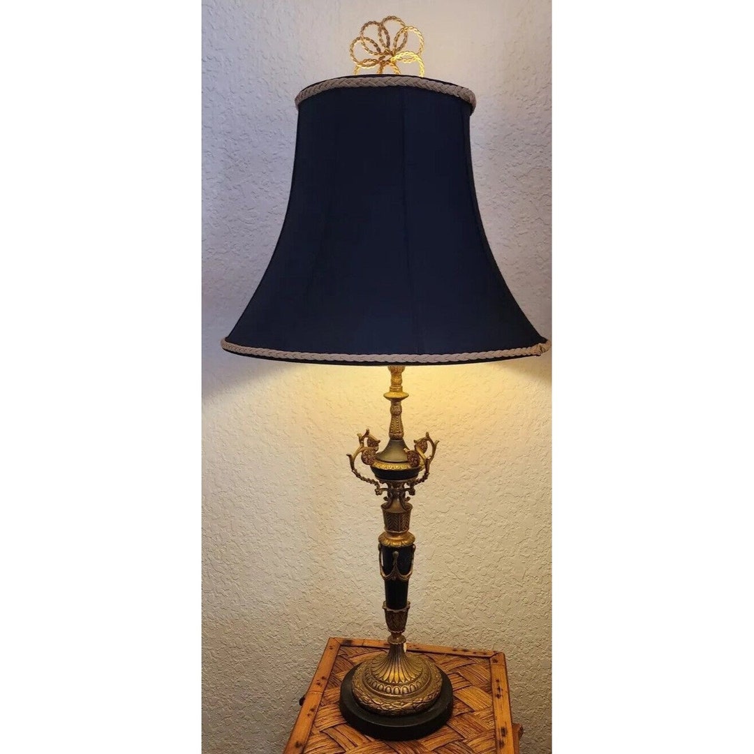 Vintage French Style Brass Floral Black Gold Electric Table Lamp W ...