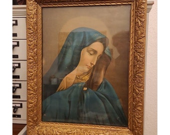 Antique Religious Art Print Mary Crown Light Lady of Sorrows Gold Ornate Frame