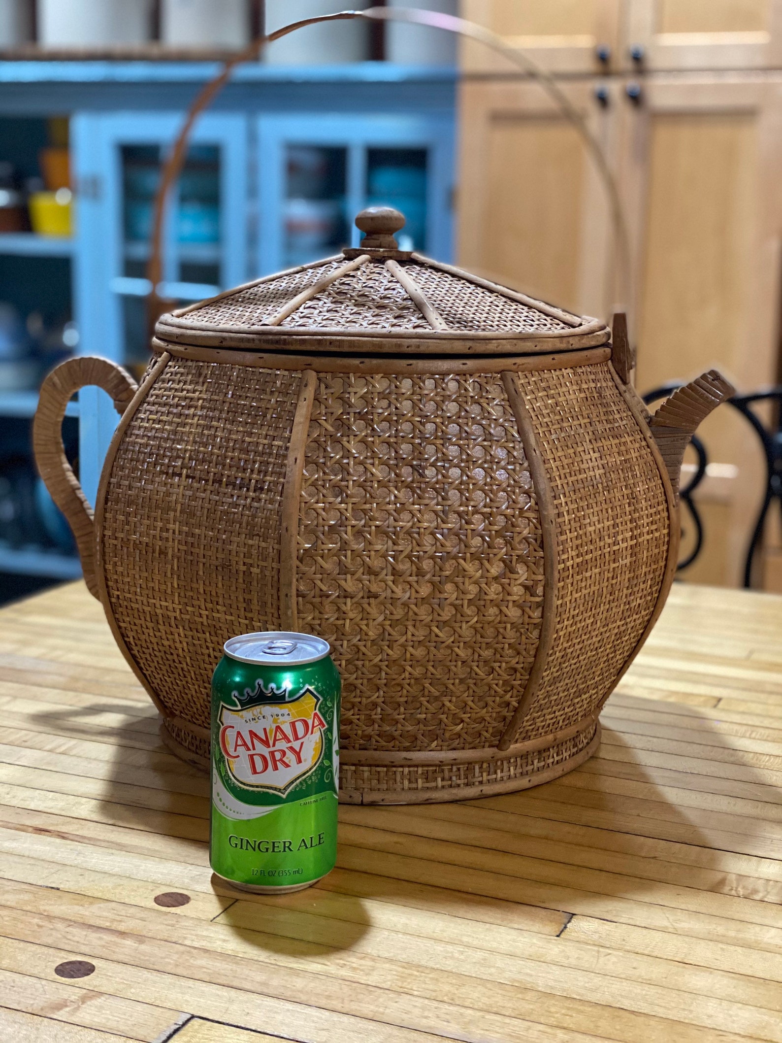 Vintage Bamboo Woven Rattan Tea Pot Lidded Basket Unique Asian Etsy