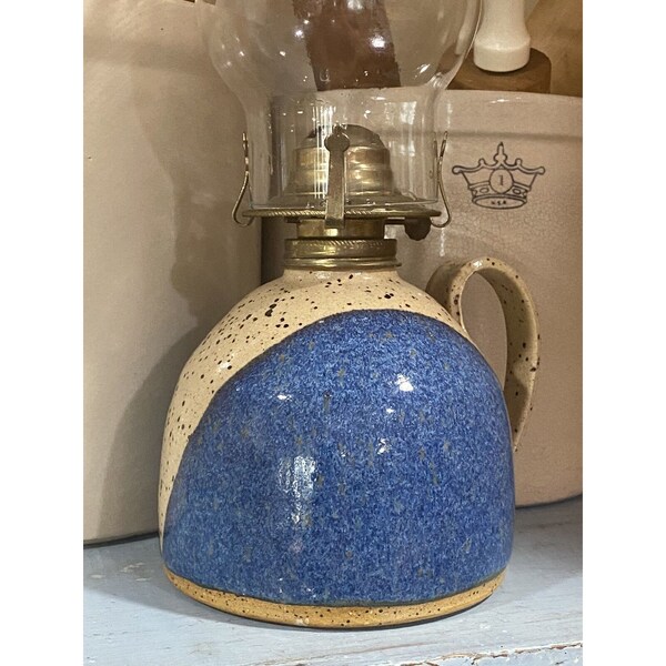 Vintage North Carolina Pottery Blue Oil Lamp With Clear Glass Globe Free Ship