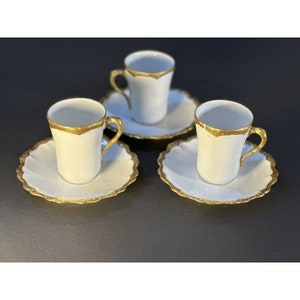 Vintage Set 3 Tea Cups & Saucer France Limoges Set White With Gold Trim