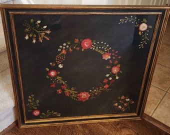 Large Finished Embroidery Needlepoint Art Floral Flowers Framed Antique GORGEOUS
